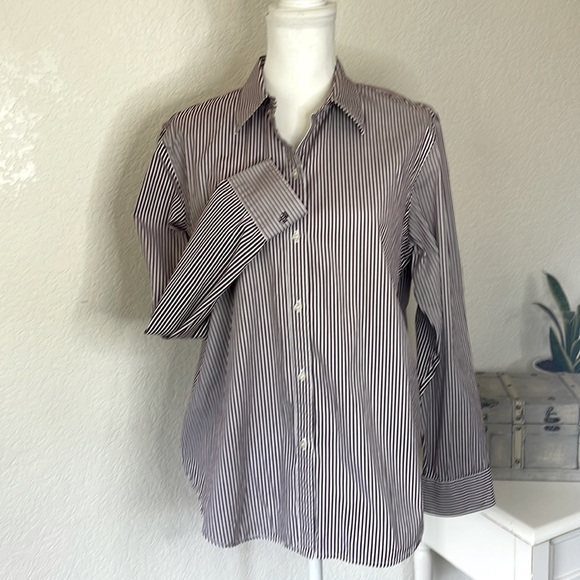 LAUREN Ralph Lauren Button Down 100% Cotton Shirt Purple White Stripe Women's XL - Picture 1 of 7